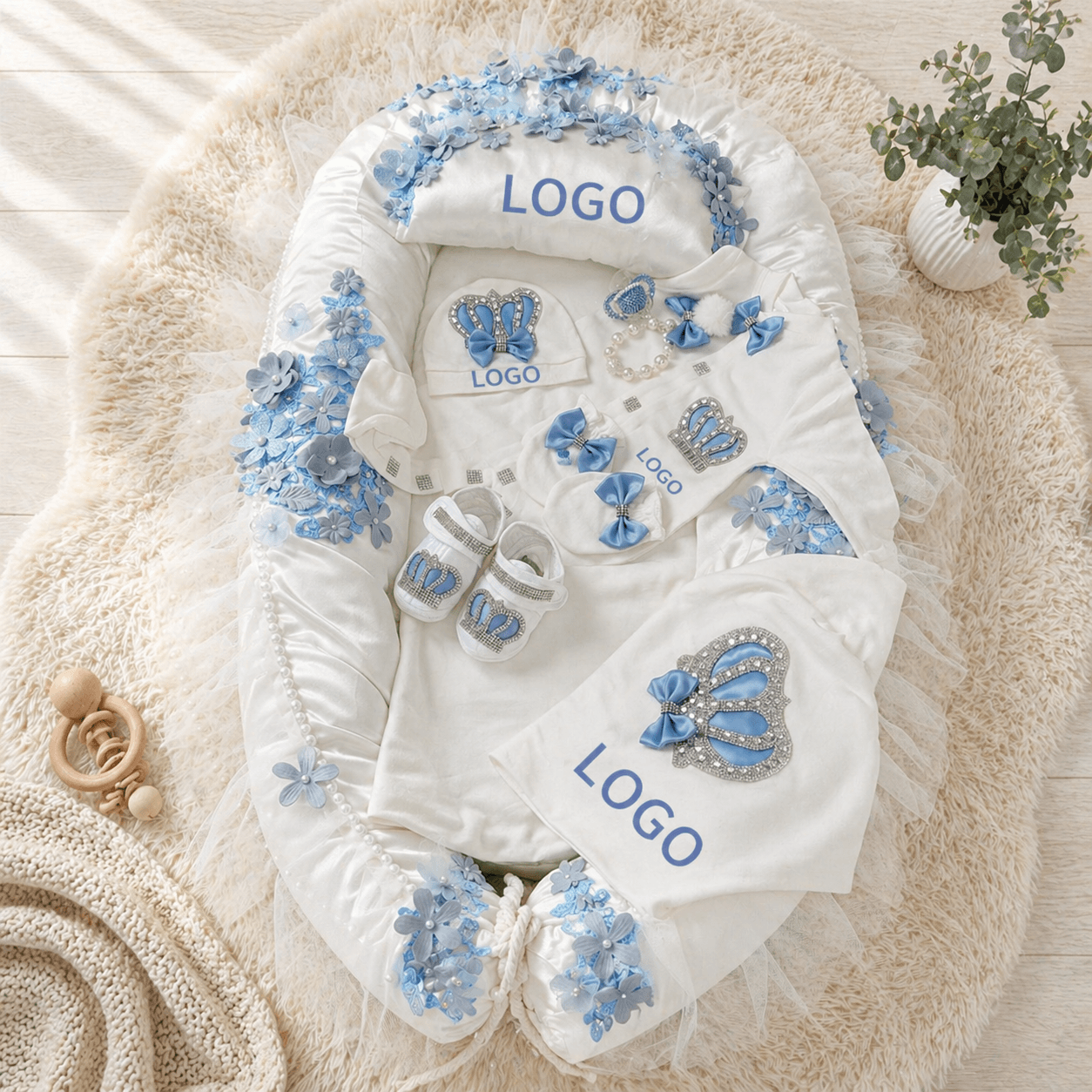 Blue Floral Personalized Baby Gift Set