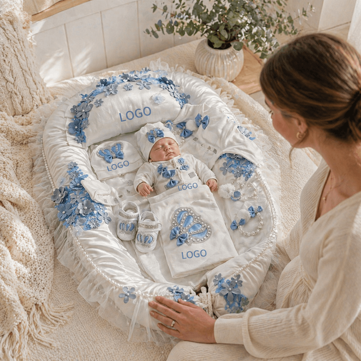 Blue Floral Personalized Baby Gift Set