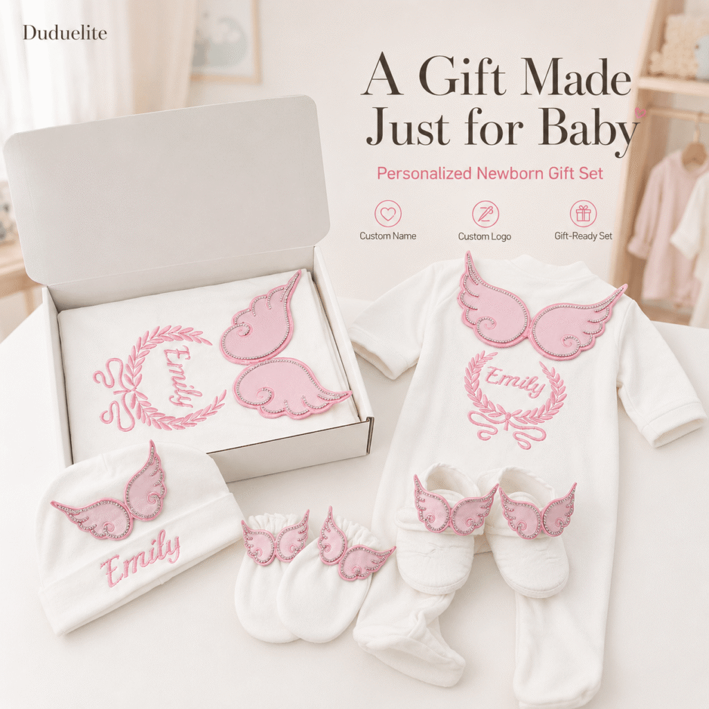 Personalized Newborn Baby Gift Set with Custom Name – Pink Angel Wings 5-Piece Gift Box
