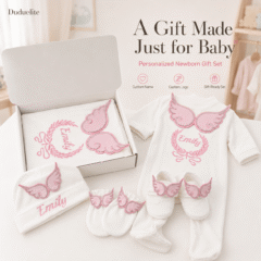 Personalized Newborn Baby Gift Set with Custom Name – Pink Angel Wings 5-Piece Gift Box