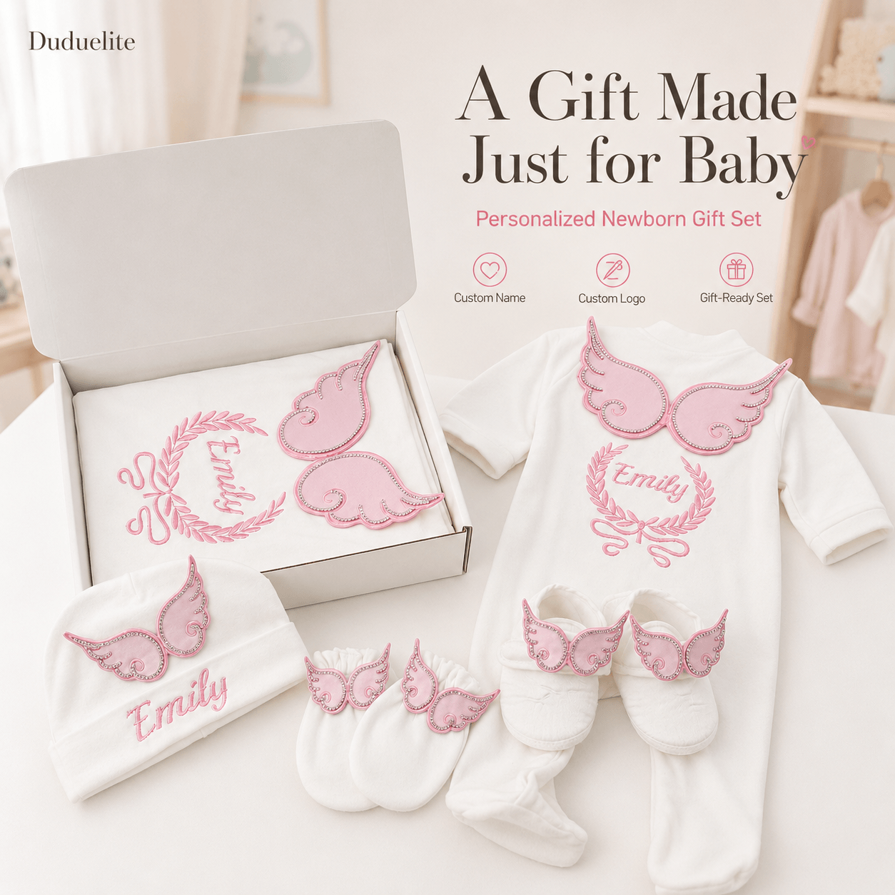 Personalized Newborn Baby Gift Set with Custom Name – Pink Angel Wings 5-Piece Gift Box