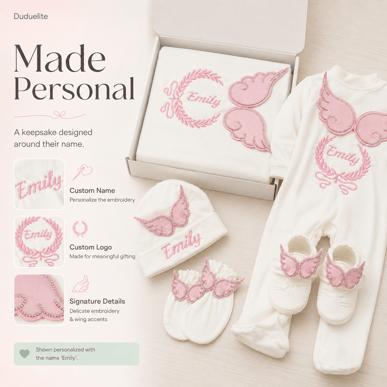 Personalized Newborn Baby Gift Set with Custom Name – Pink Angel Wings 5-Piece Gift Box