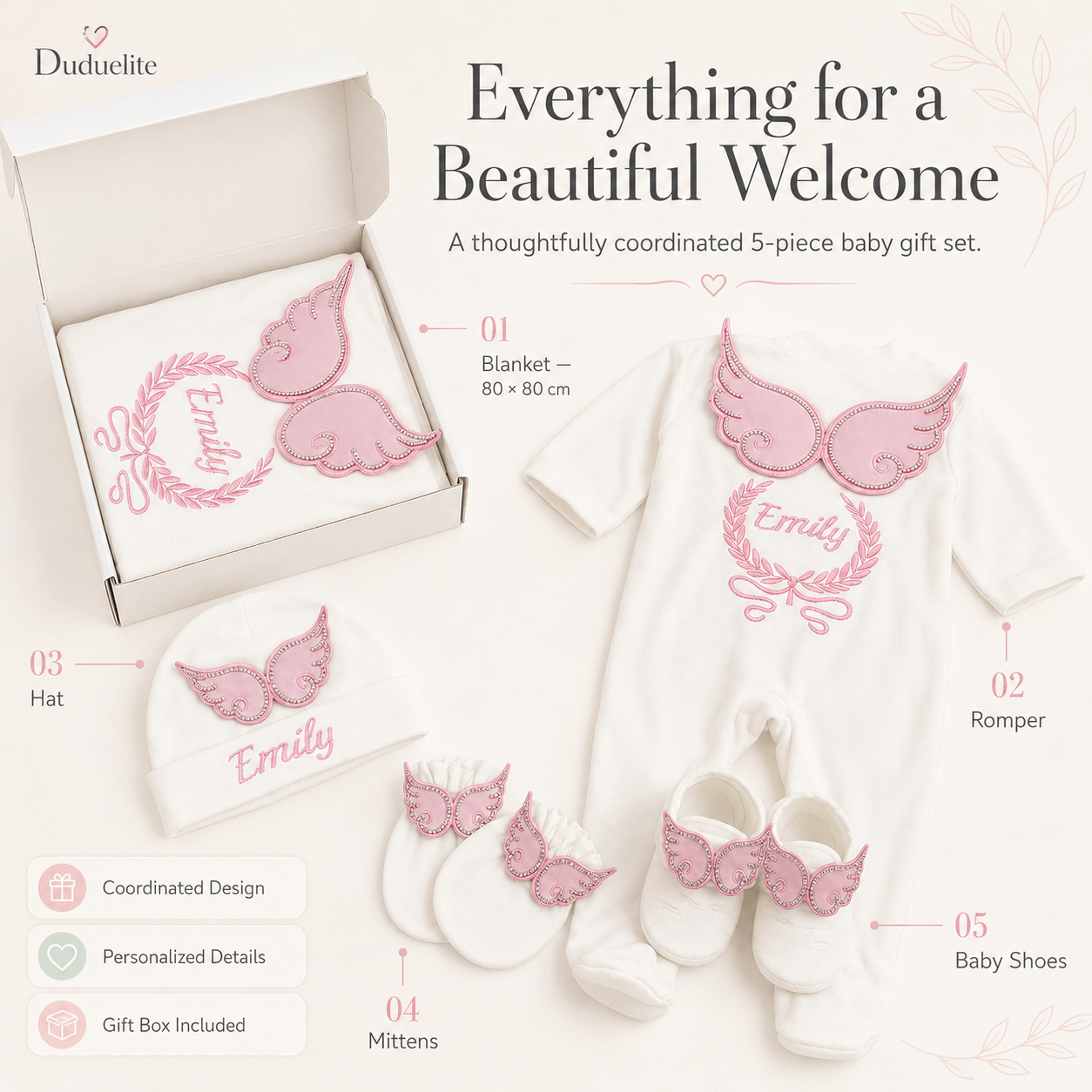 Personalized Newborn Baby Gift Set with Custom Name – Pink Angel Wings 5-Piece Gift Box image 3