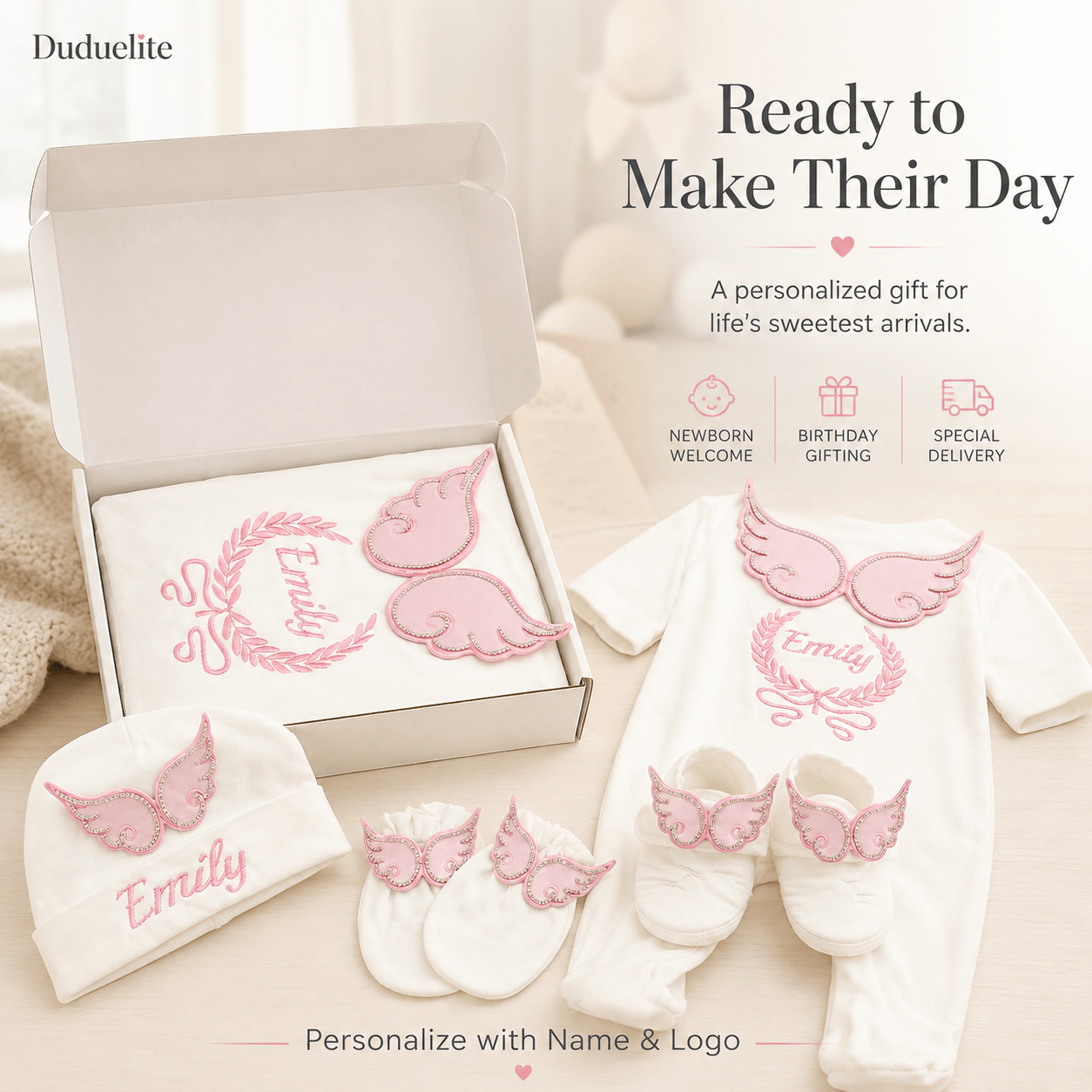 Personalized Newborn Baby Gift Set with Custom Name – Pink Angel Wings 5-Piece Gift Box image 4
