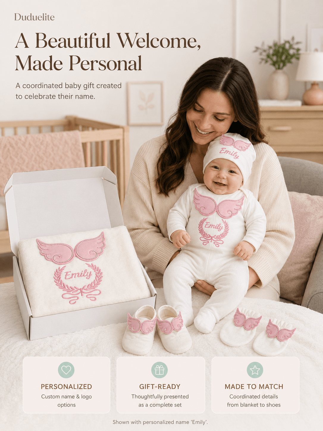 Personalized newborn baby gift set with pink angel wings and custom name