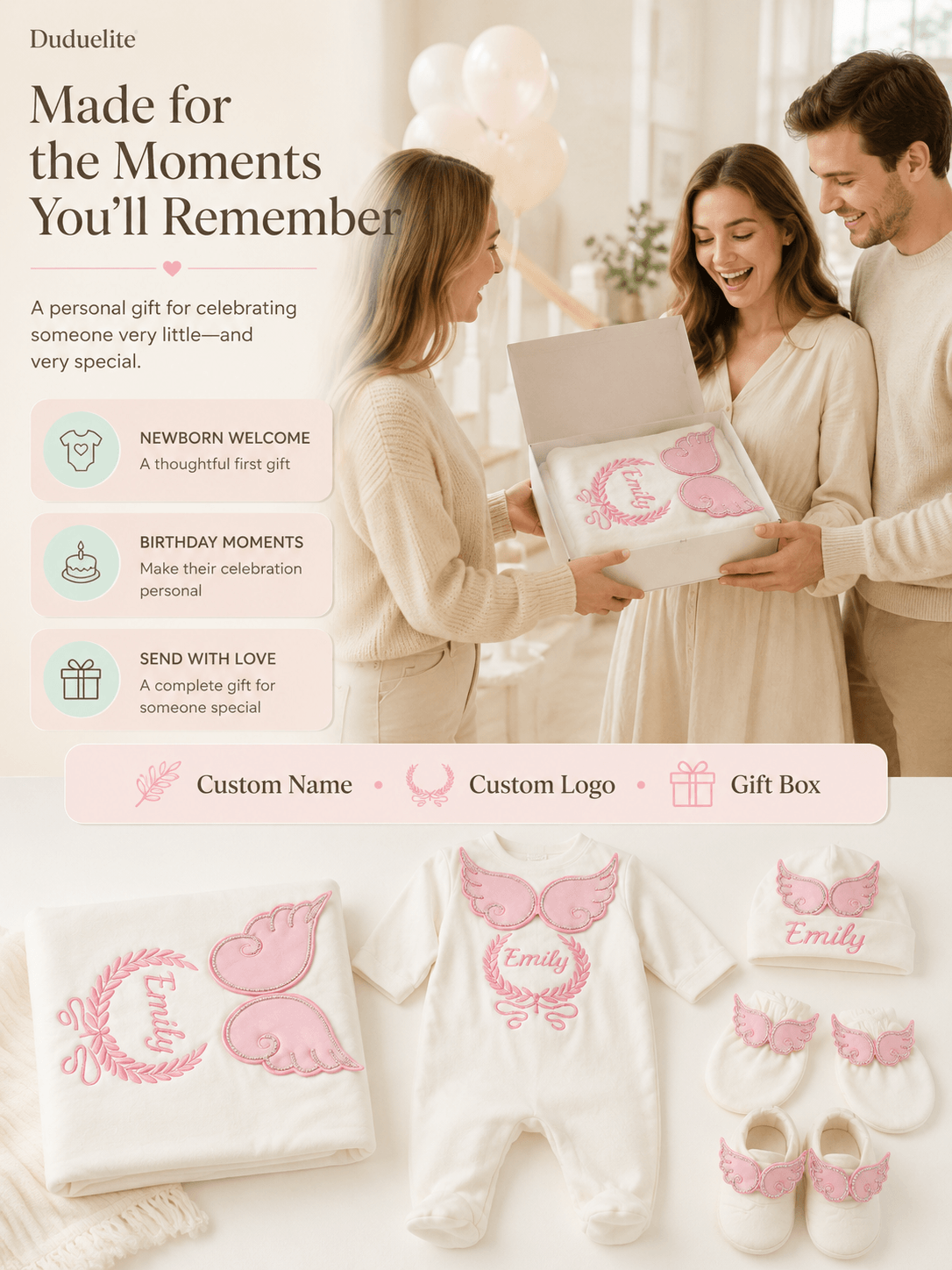 Pink angel wing personalized newborn gift set with custom baby name