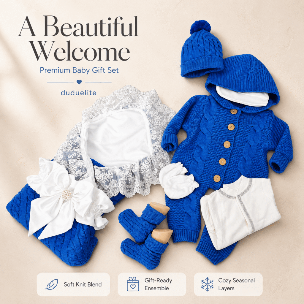 Personalized Newborn Baby Gift Set with Blue Knitted Outfit & Keepsake Box
