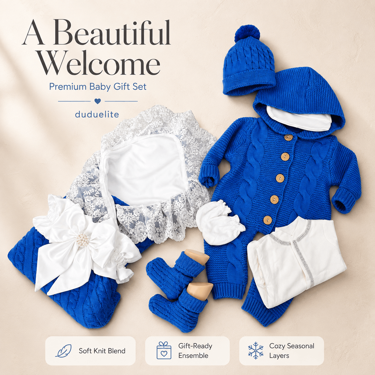 Personalized Newborn Baby Gift Set with Blue Knitted Outfit &#038; Keepsake Box