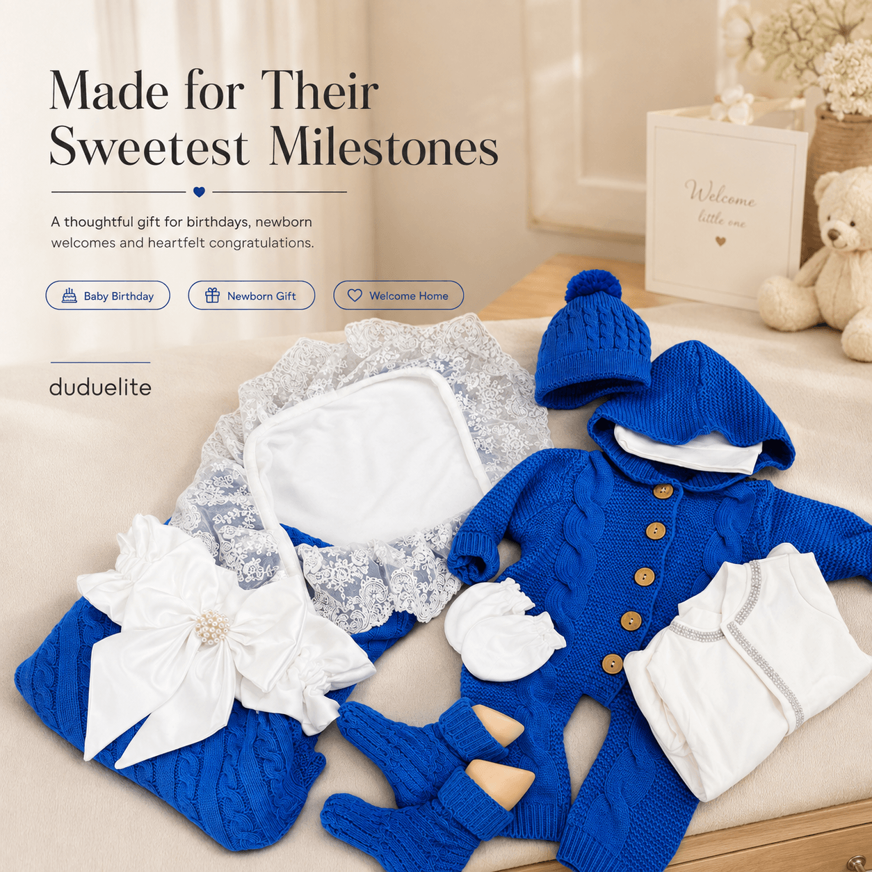 Personalized Newborn Baby Gift Set with Blue Knitted Outfit &#038; Keepsake Box