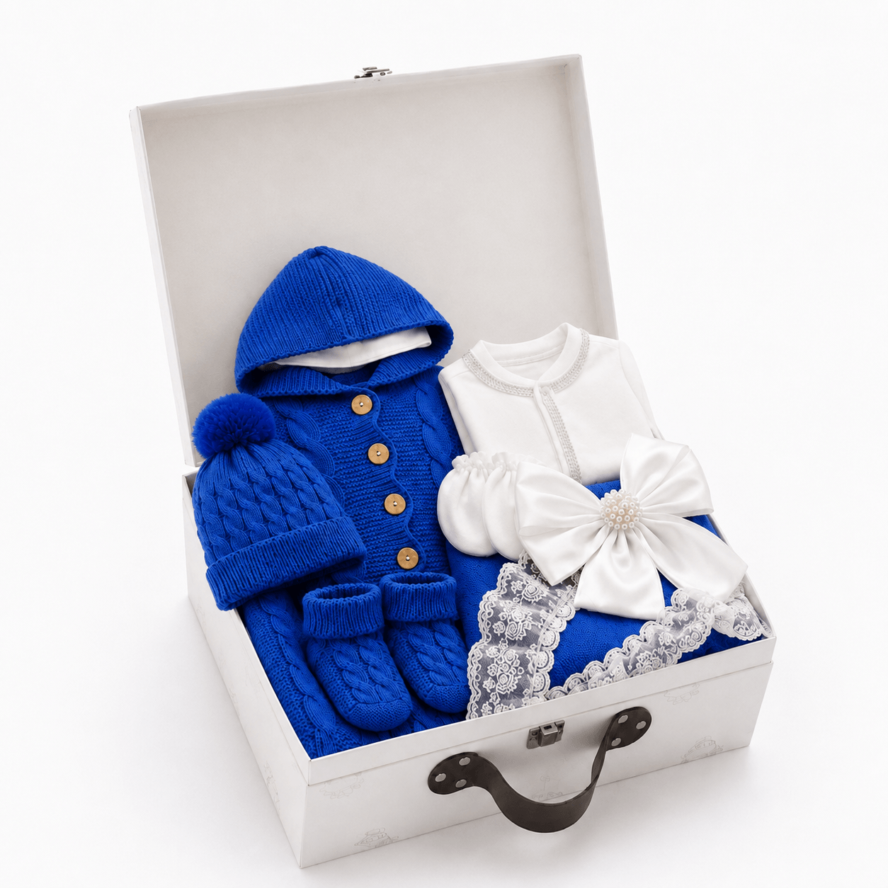 Personalized Newborn Baby Gift Set with Blue Knitted Outfit & Keepsake Box image 4