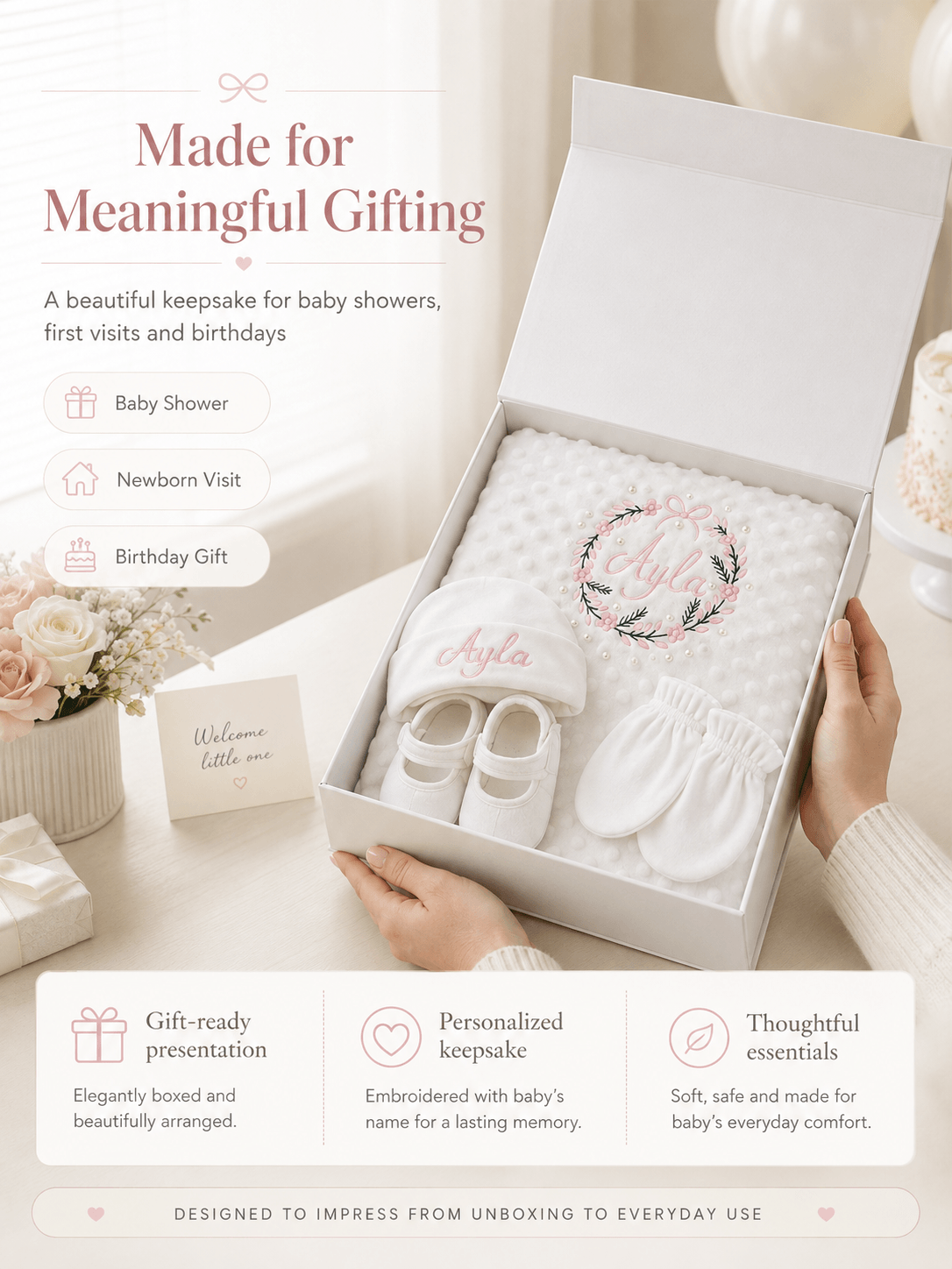 Personalized baby gift set with floral embroidery and custom name